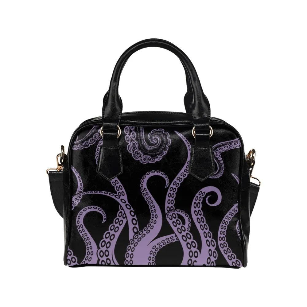 Black and Light Purple Octopus Tentacles Purse, Goth Bowler Bag