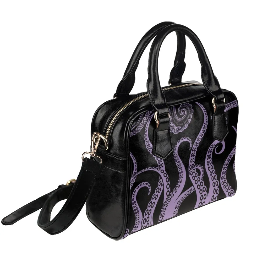 Black and Light Purple Octopus Tentacles Purse, Goth Bowler Bag