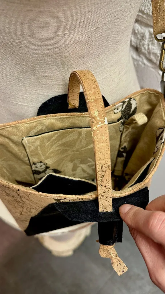 BLACK AND TAN LEATHER AND CORK CROSSBODY BAG