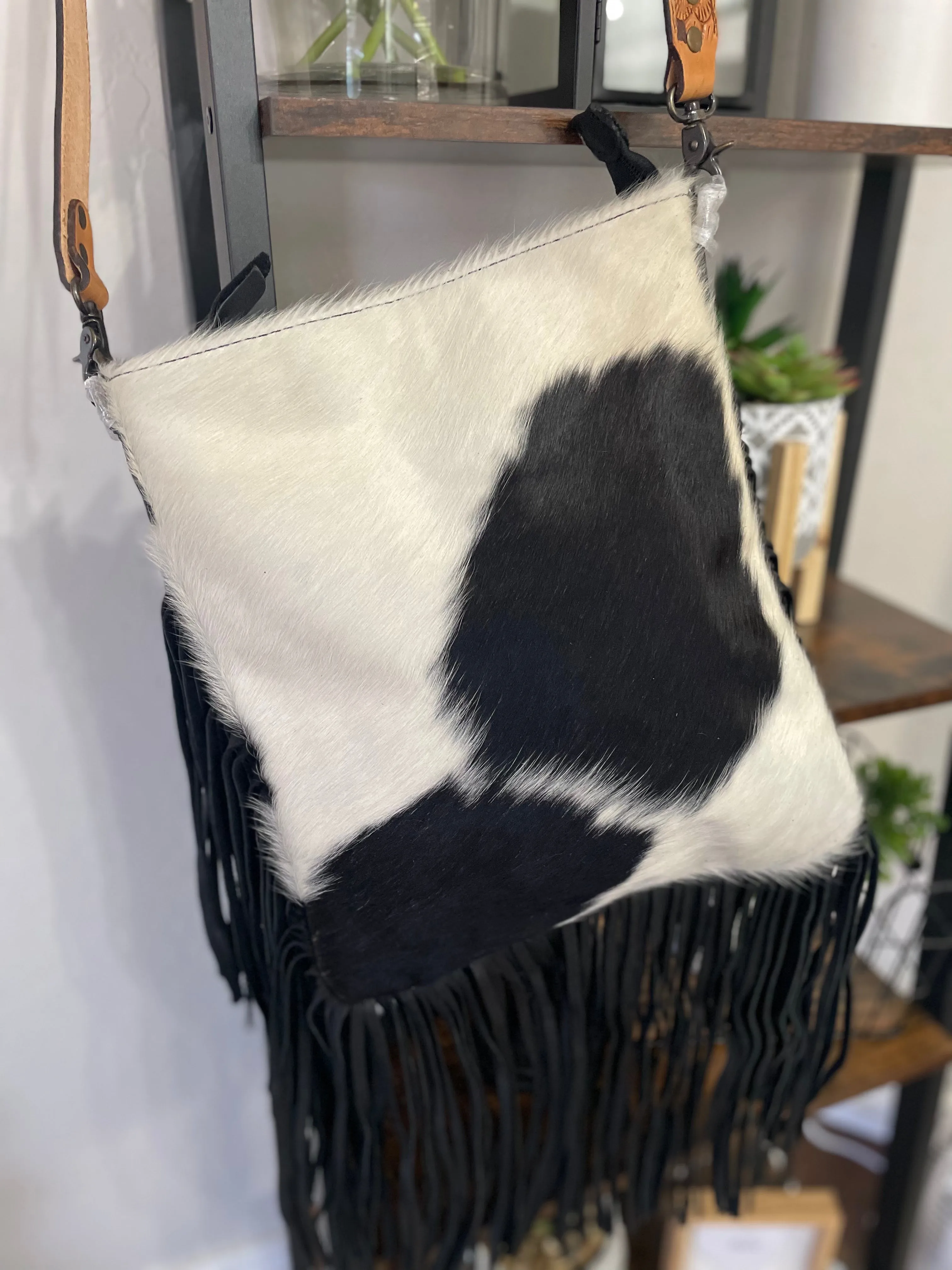 Black and White Cowhide Fringe Crossbody Bag