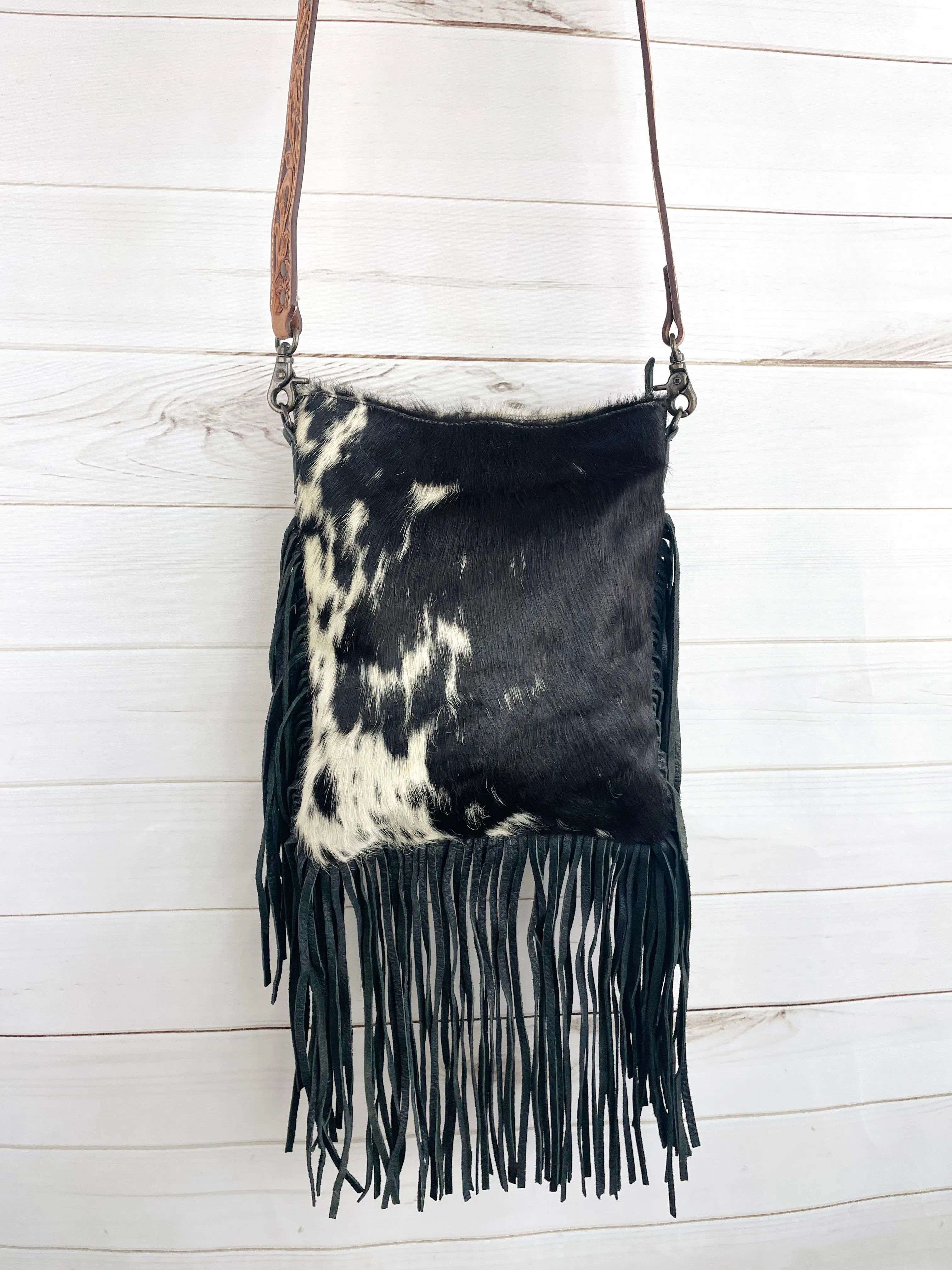 Black and White Cowhide Fringe Crossbody Bag