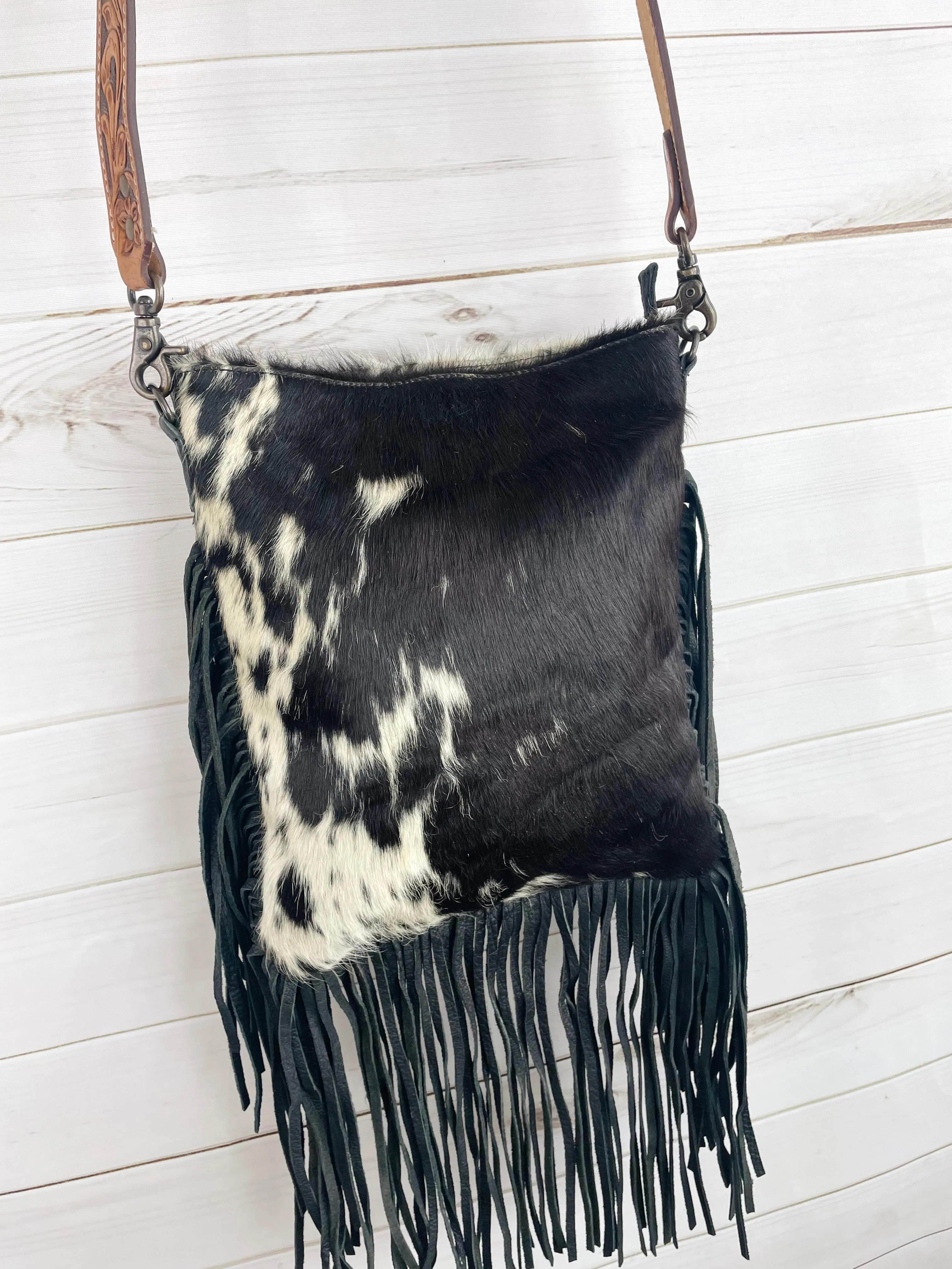 Black and White Cowhide Fringe Crossbody Bag