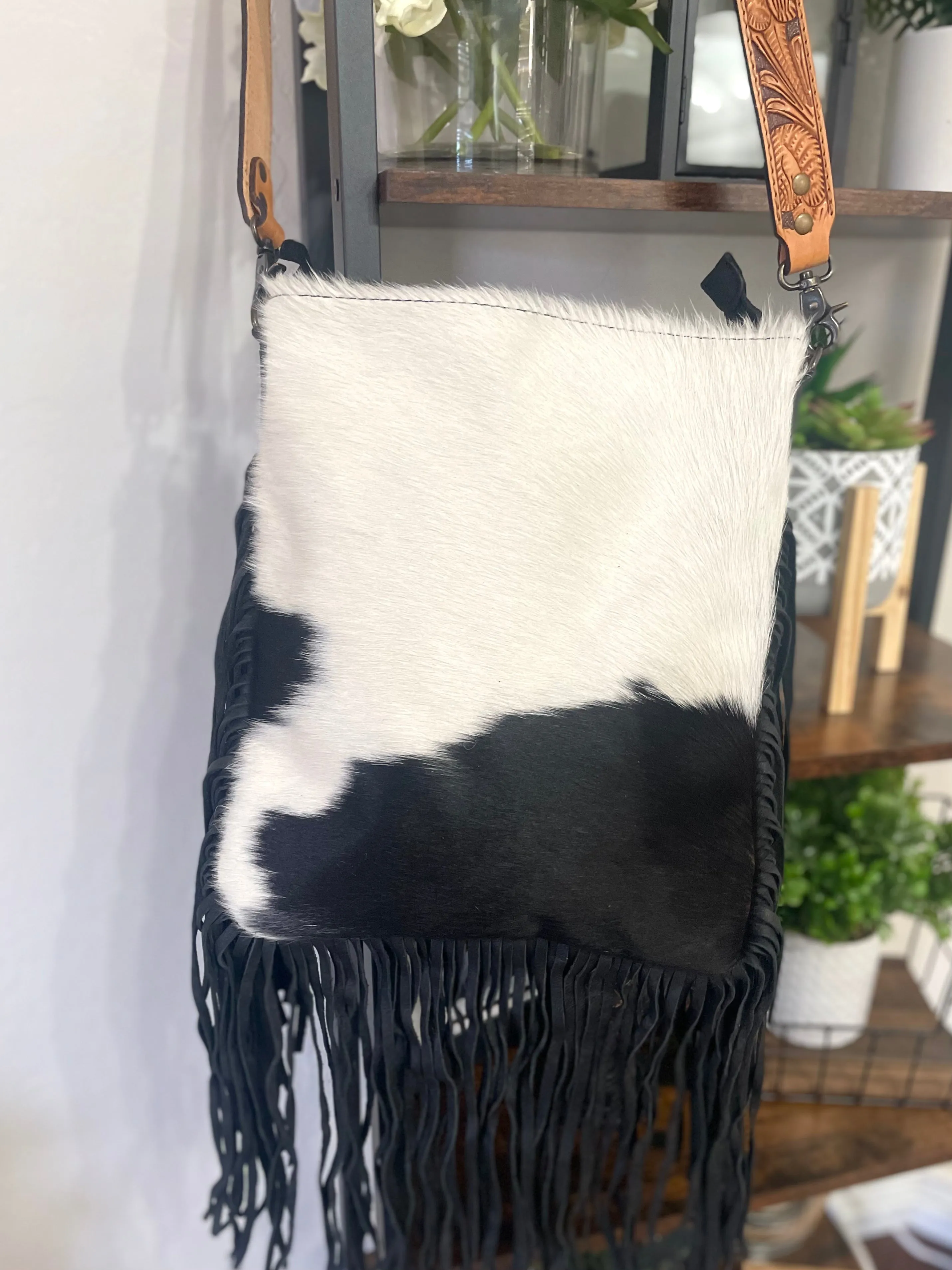 Black and White Cowhide Fringe Crossbody Bag