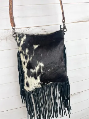 Black and White Cowhide Fringe Crossbody Bag