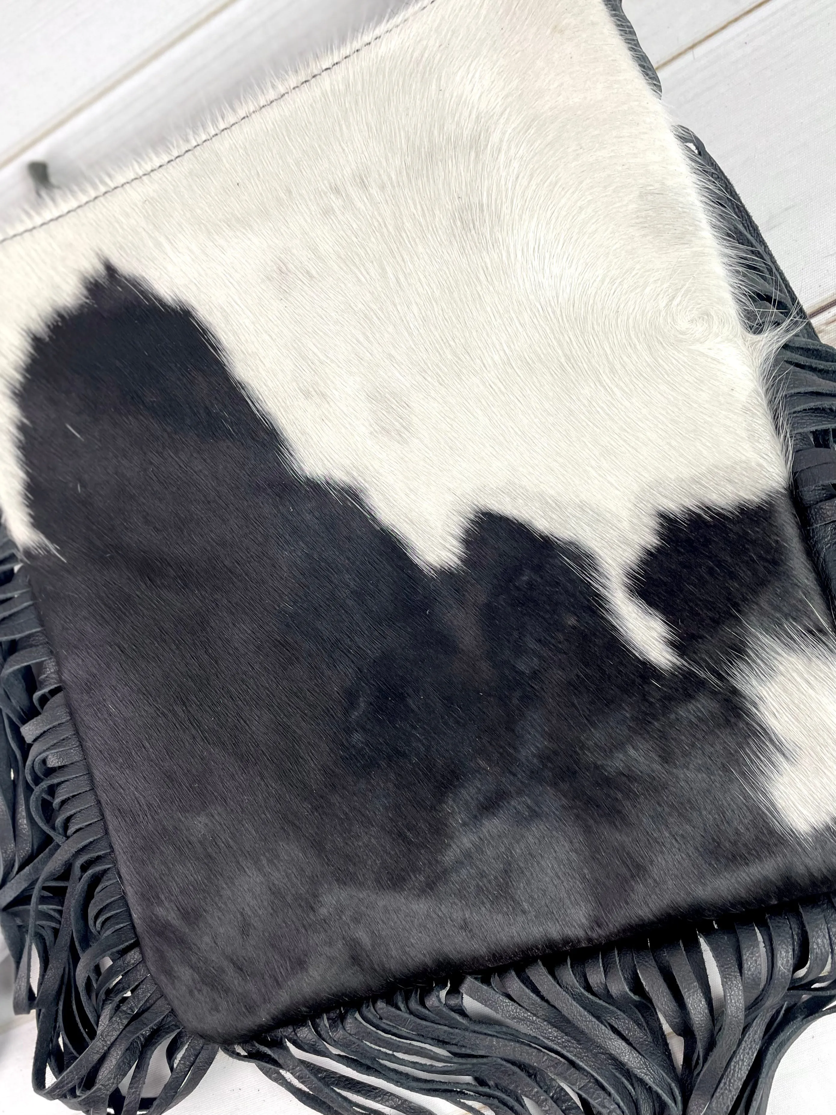 Black and White Cowhide Fringe Crossbody Bag