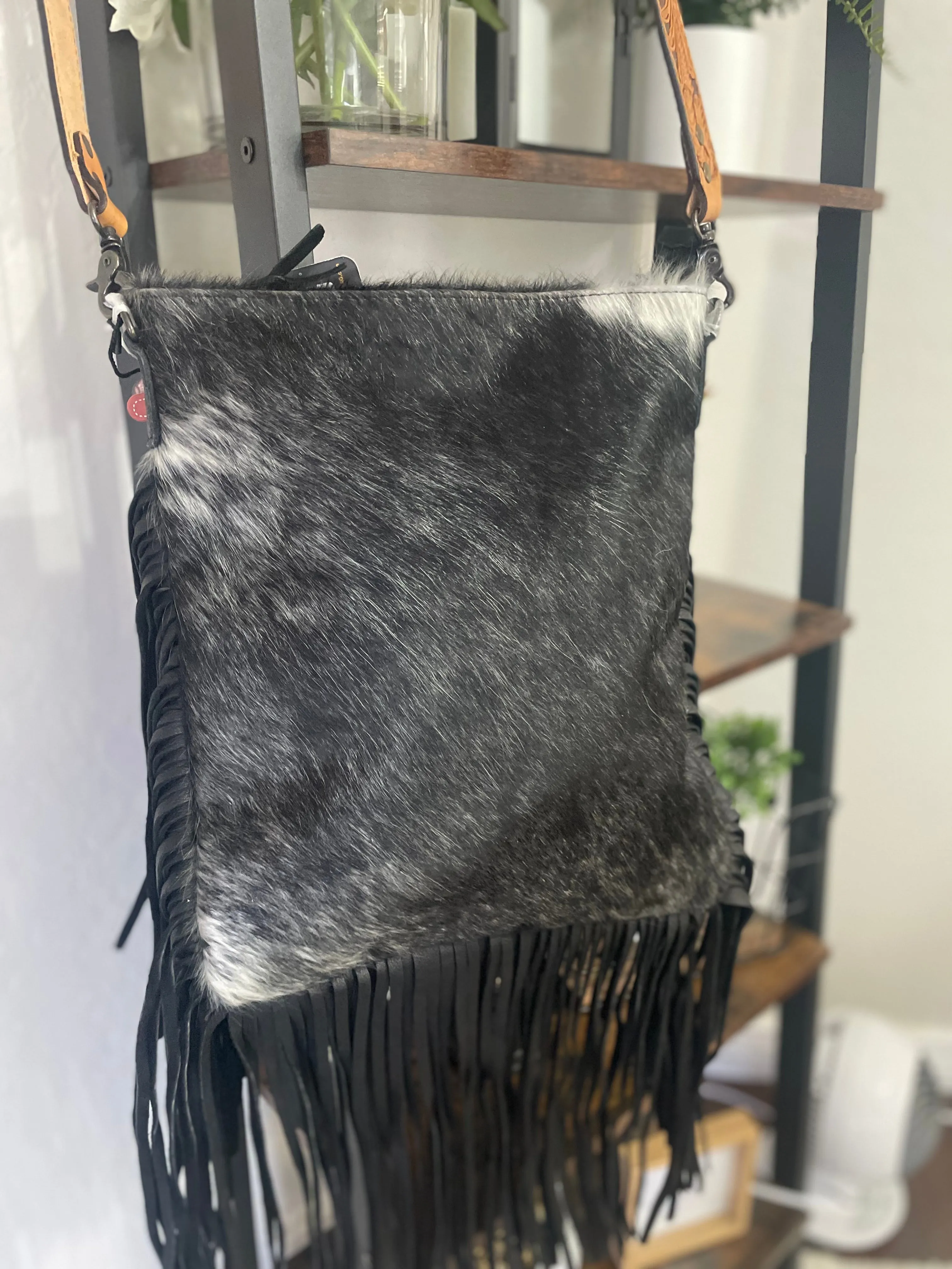 Black and White Cowhide Fringe Crossbody Bag
