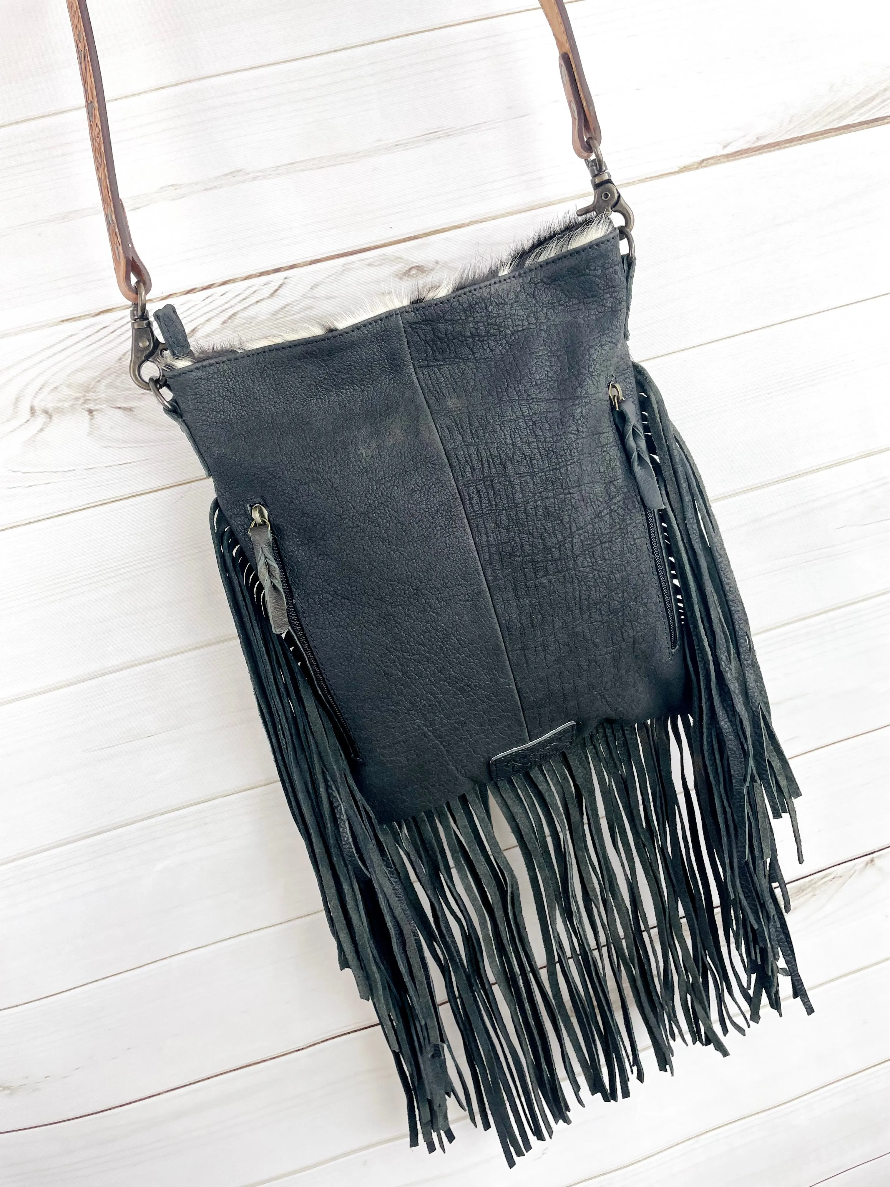 Black and White Cowhide Fringe Crossbody Bag