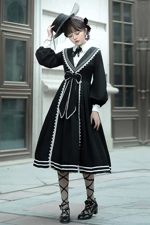 Black Elegant Bowknot Long Sleeves College Style Gothic Lolita Dress