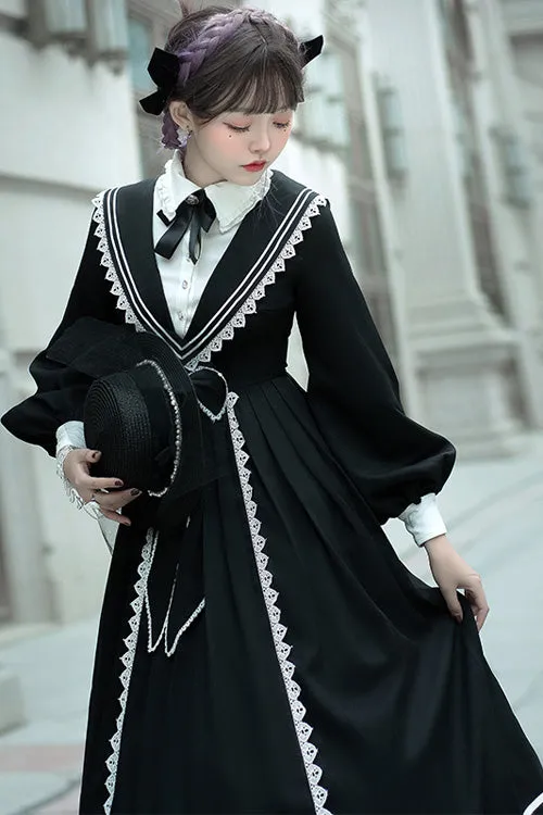 Black Elegant Bowknot Long Sleeves College Style Gothic Lolita Dress