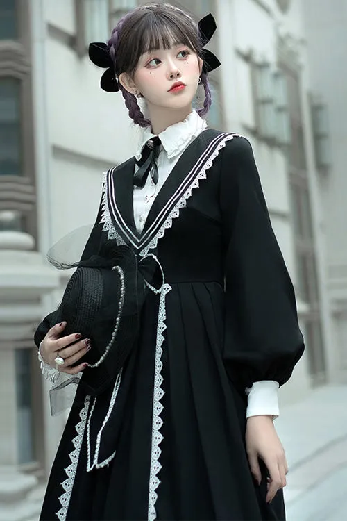 Black Elegant Bowknot Long Sleeves College Style Gothic Lolita Dress