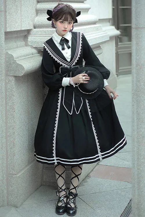 Black Elegant Bowknot Long Sleeves College Style Gothic Lolita Dress