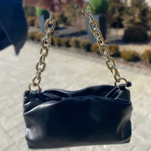 Black Leather Bag with Gold Chain