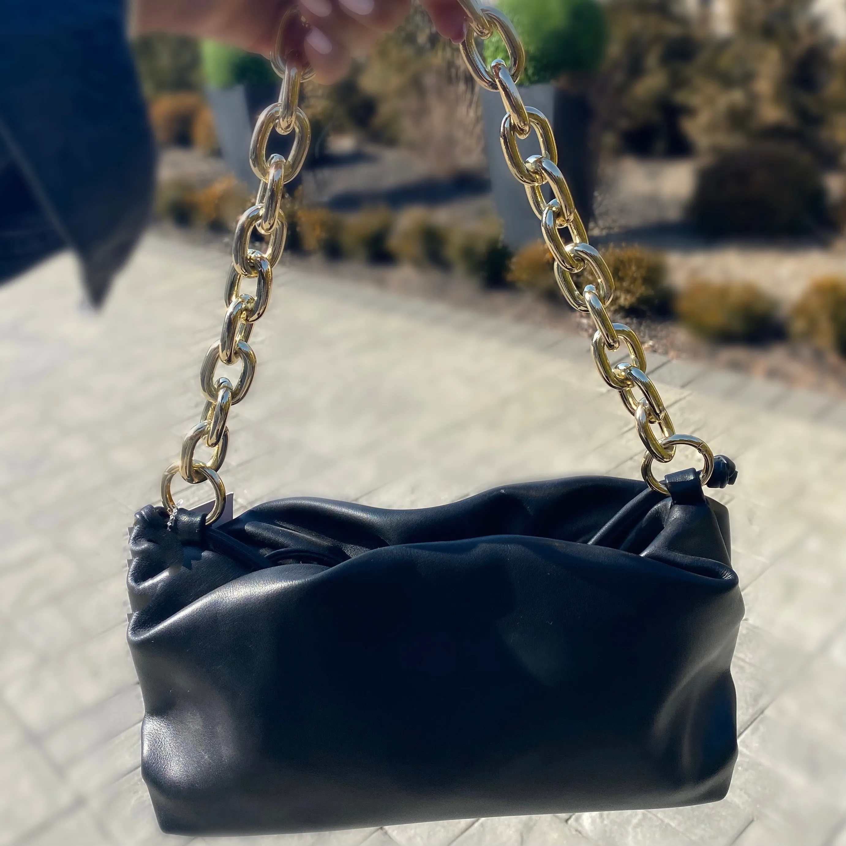 Black Leather Bag with Gold Chain