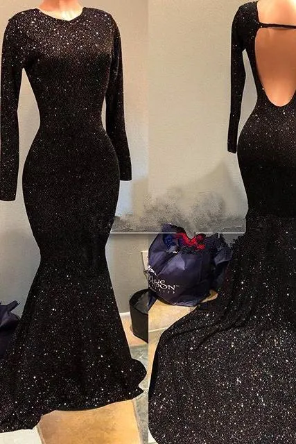 Black Sequins Prom Party Gowns| Long Sleeves Evening Gowns On Sale