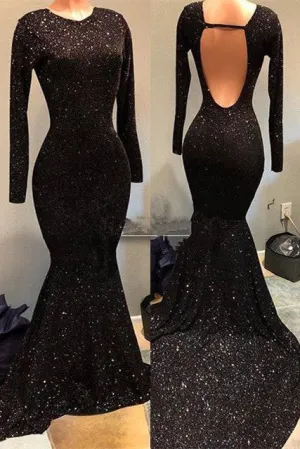 Black Sequins Prom Party Gowns| Long Sleeves Evening Gowns On Sale