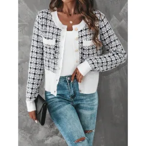 Black white Tweed Cropped Cardigan White Trim Minimalist Preppy Layering