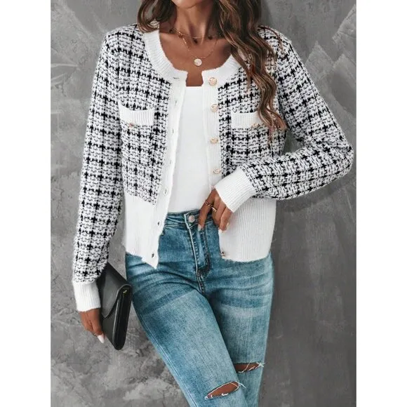 Black white Tweed Cropped Cardigan White Trim Minimalist Preppy Layering
