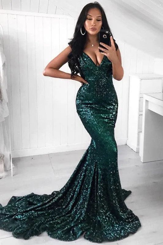 Blackish Green V-neck Off-the-shoulder Mermaid Prom Dress Sequins Long