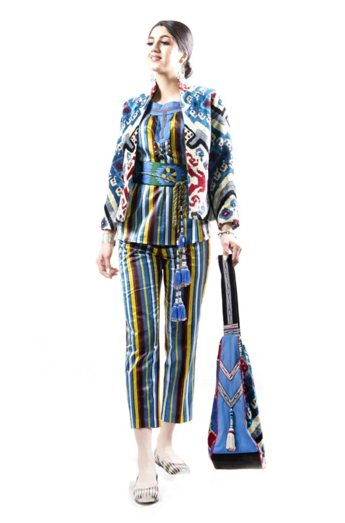 Blue Silk and Velvet Ikat Bag