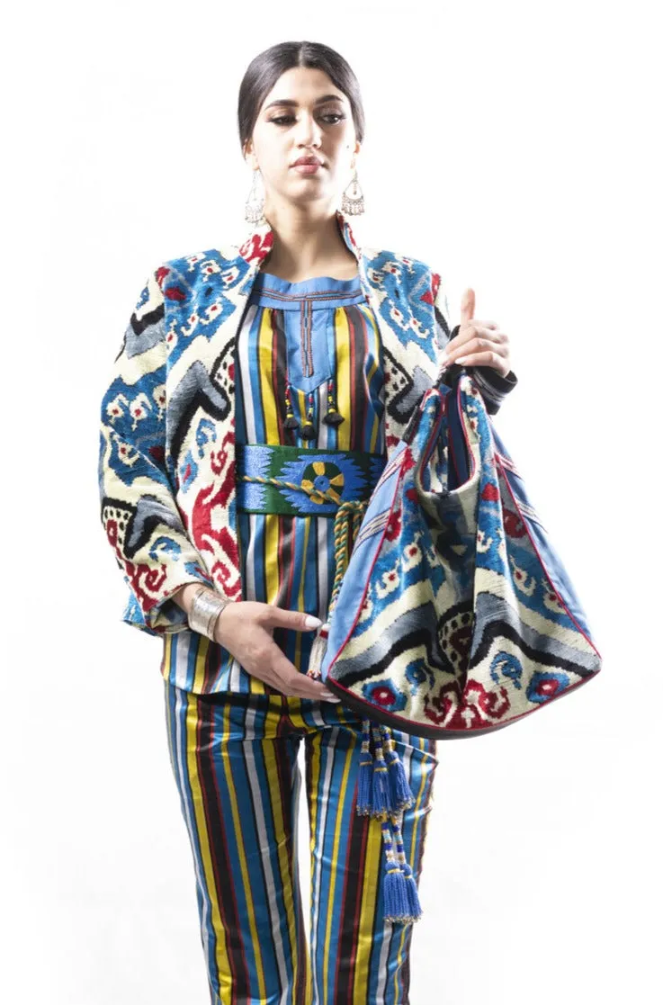 Blue Silk and Velvet Ikat Bag