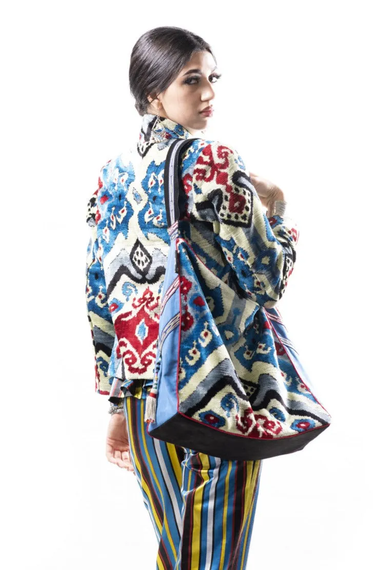 Blue Silk and Velvet Ikat Bag