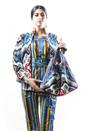 Blue Silk and Velvet Ikat Bag