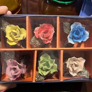 Box of 6 Vintage Porcelain Flowers and Silver Plated Leaves- Made in Italy