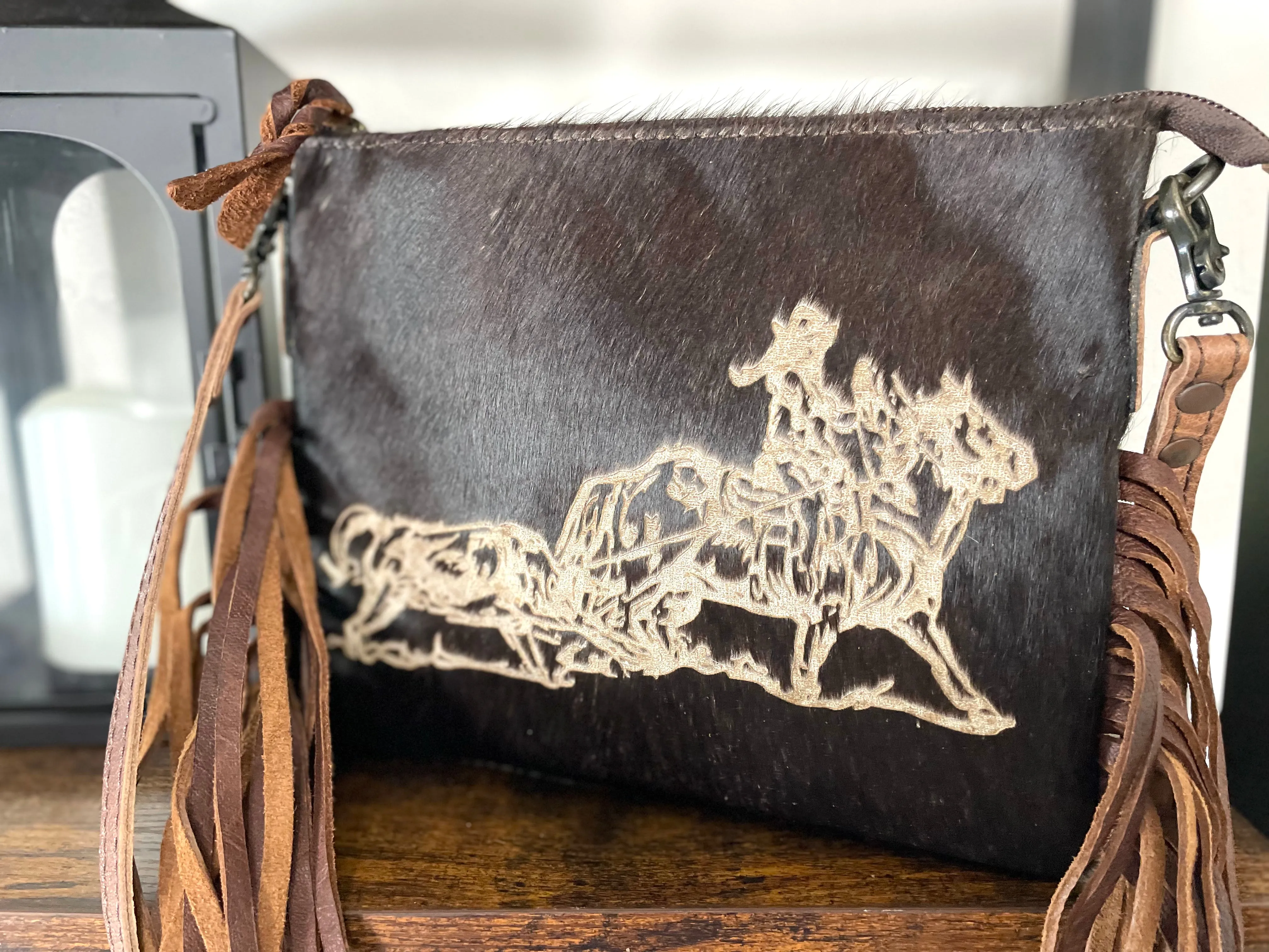 Branded Female Roper Rancher Hide Medium Size Leather Fringe Handbag