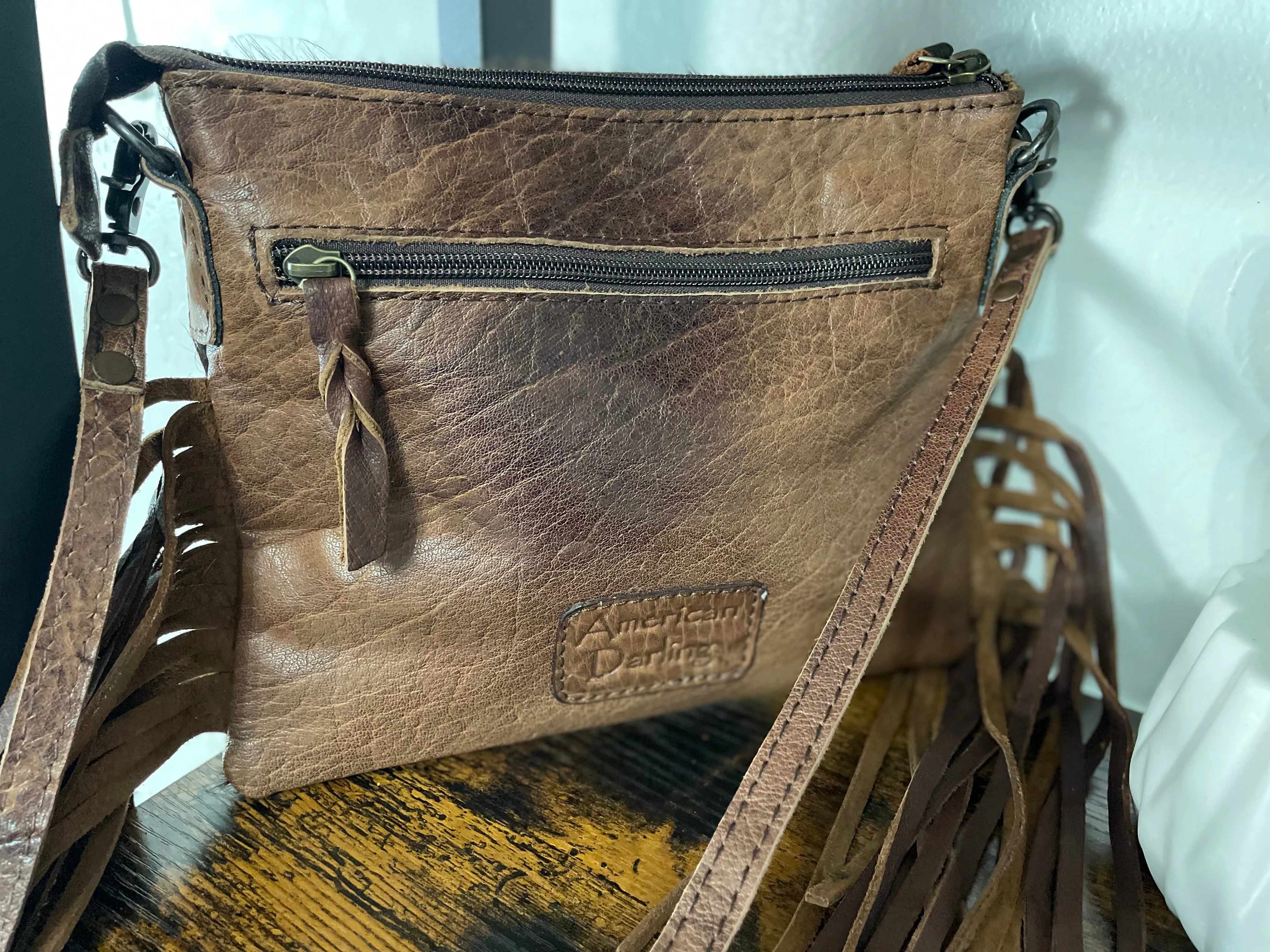 Branded Female Roper Rancher Hide Medium Size Leather Fringe Handbag
