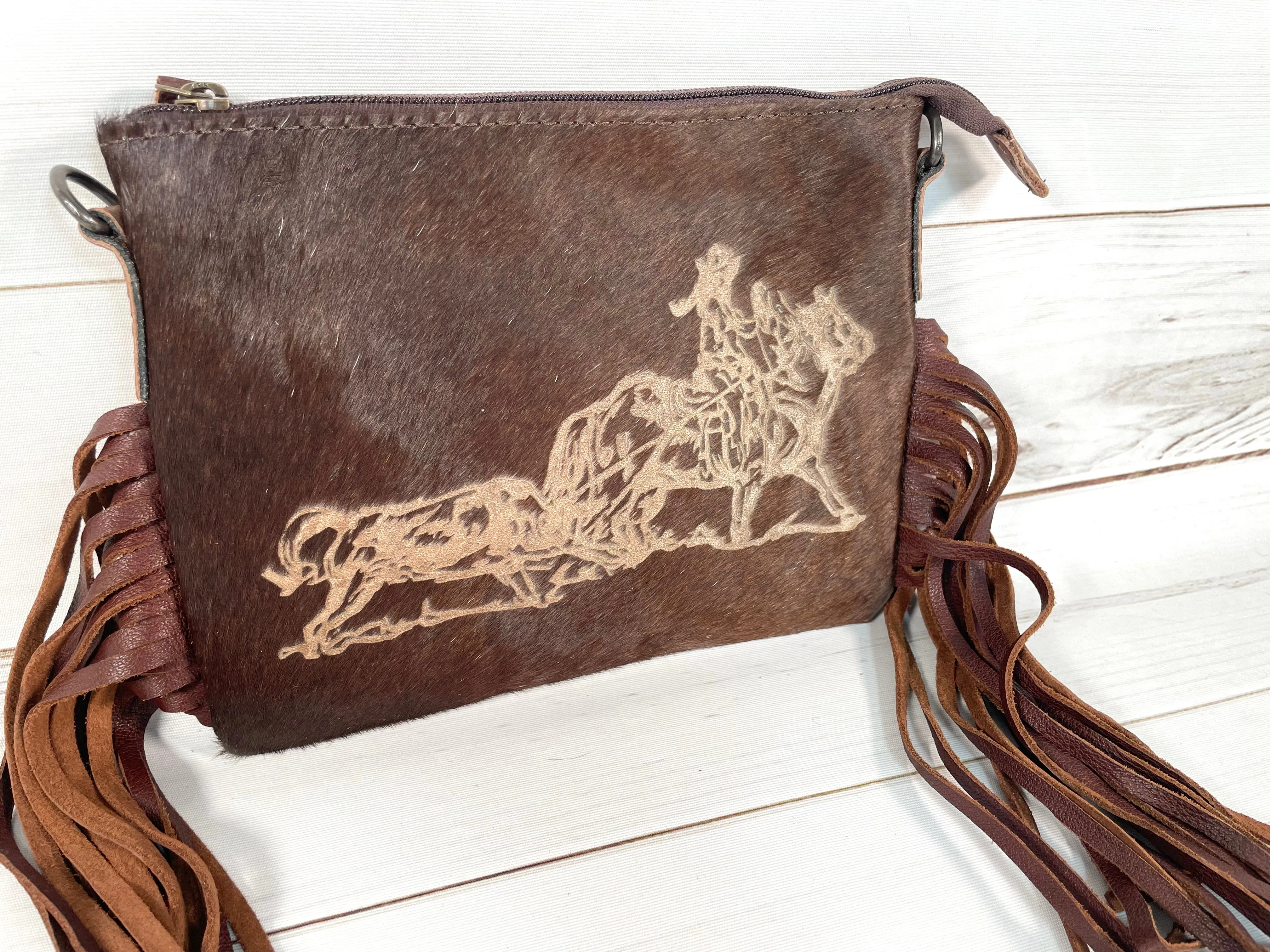 Branded Female Roper Rancher Hide Medium Size Leather Fringe Handbag
