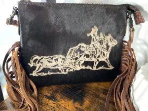 Branded Female Roper Rancher Hide Medium Size Leather Fringe Handbag