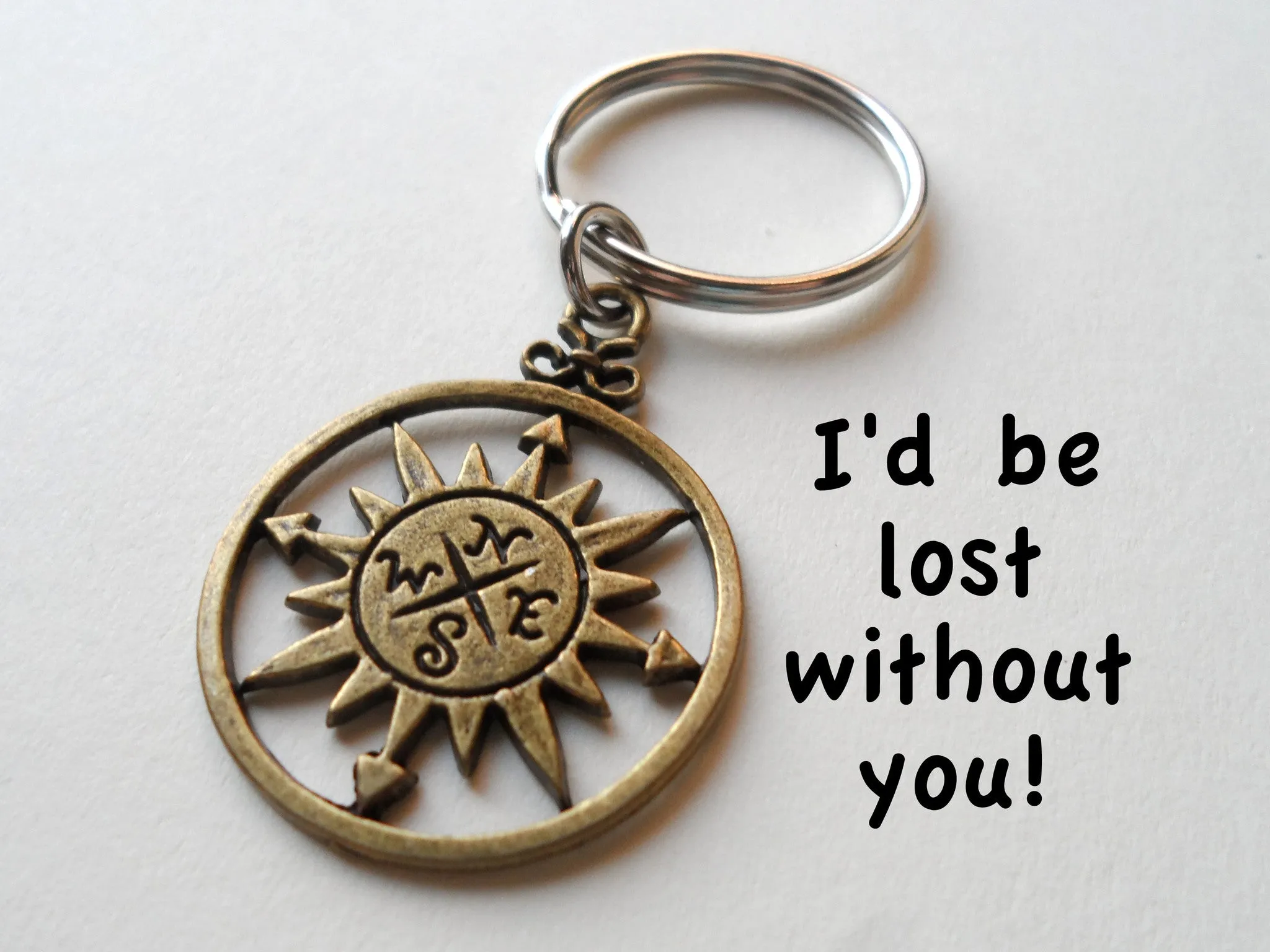 Bronze Sun Compass Keychain - I'd Be Lost Without You; Couples Keychain, Custom Engraved Tag Option