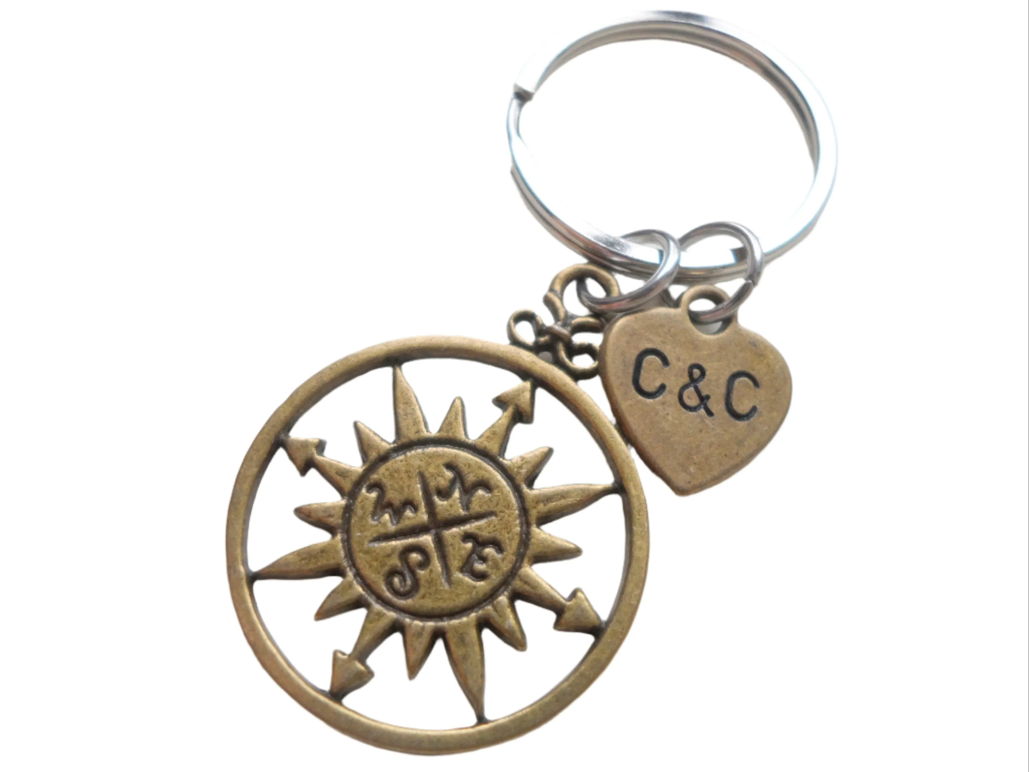 Bronze Sun Compass Keychain - I'd Be Lost Without You; Couples Keychain, Custom Engraved Tag Option
