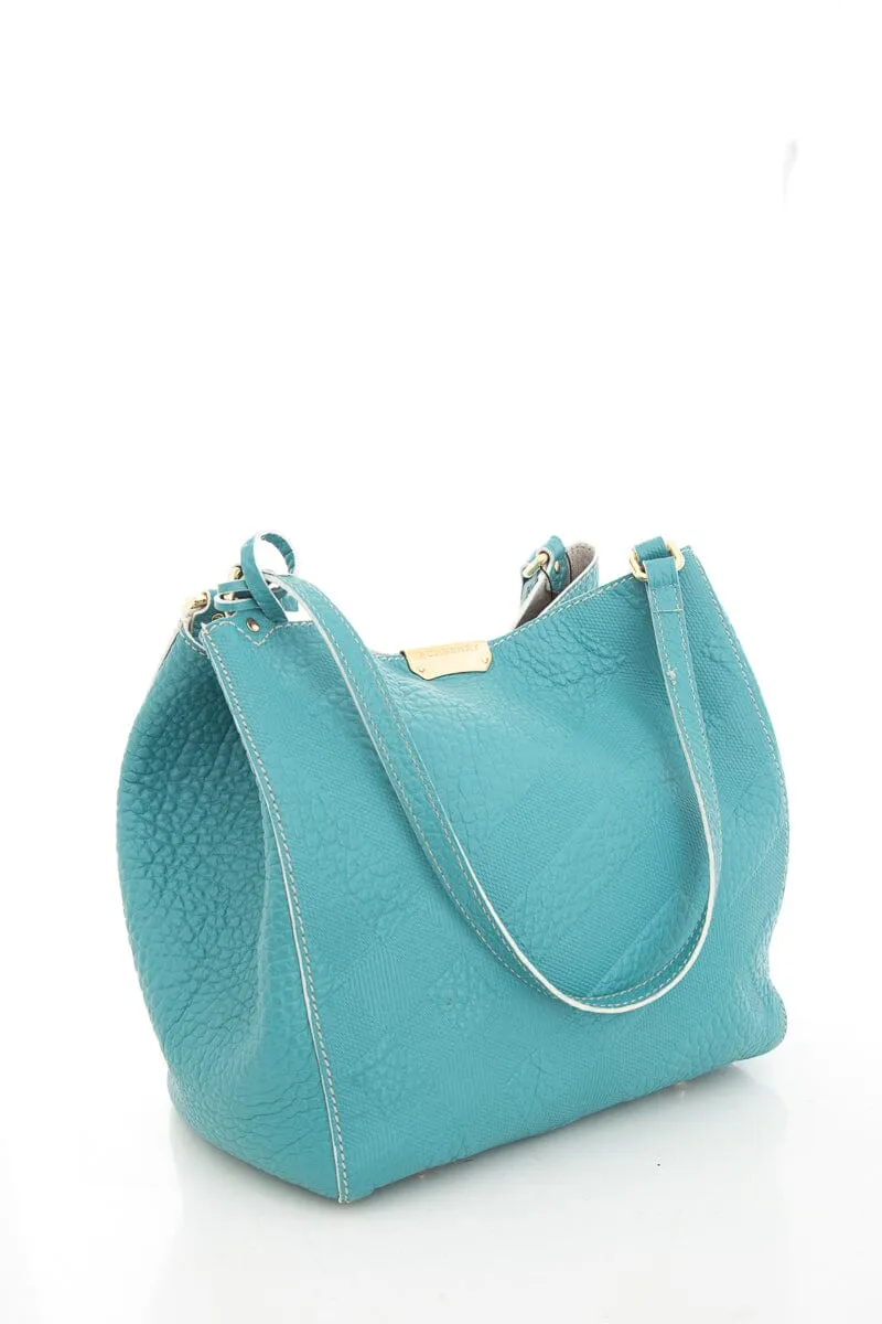 Burberry Signature Grain Calfskin Check Blue Handbag