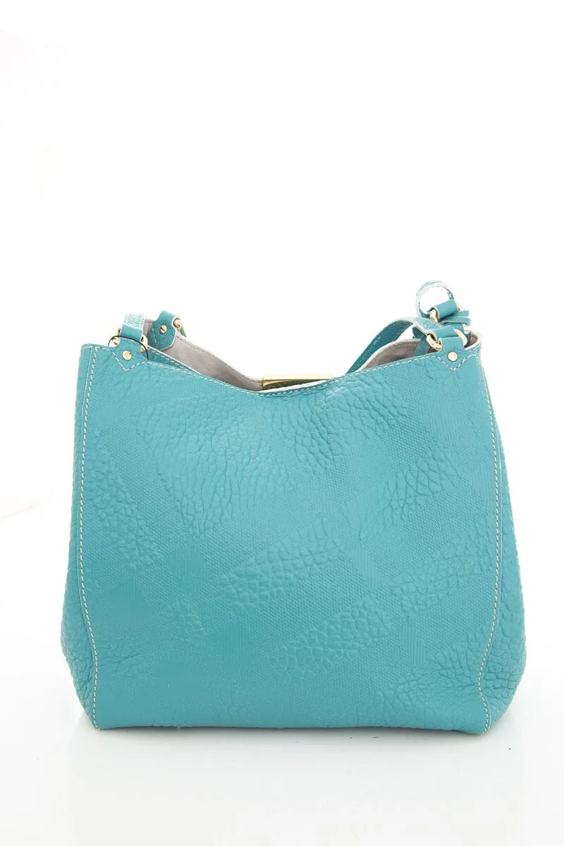 Burberry Signature Grain Calfskin Check Blue Handbag