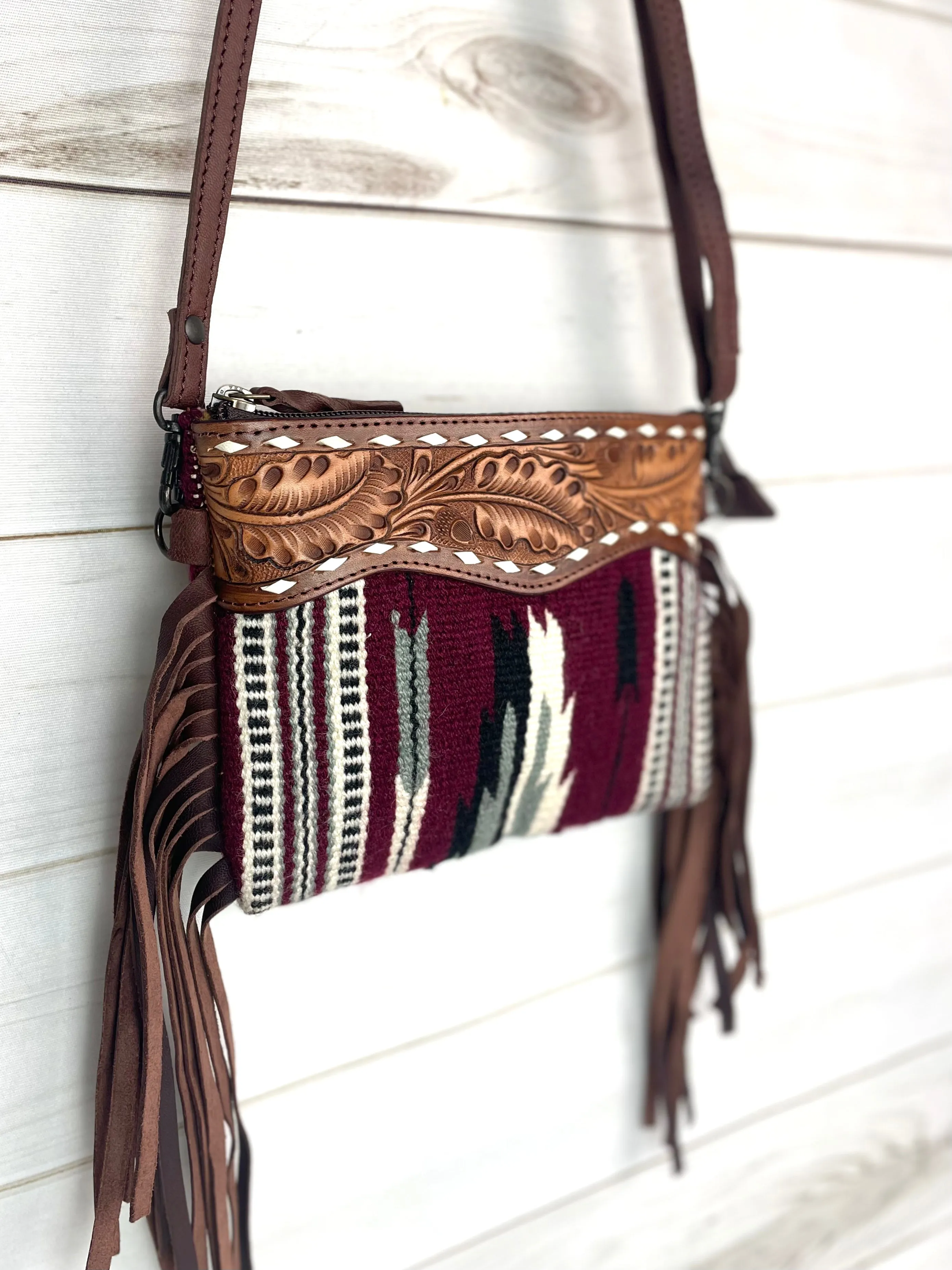 Burgundy and Grey Wool Pattern Fringe Bag