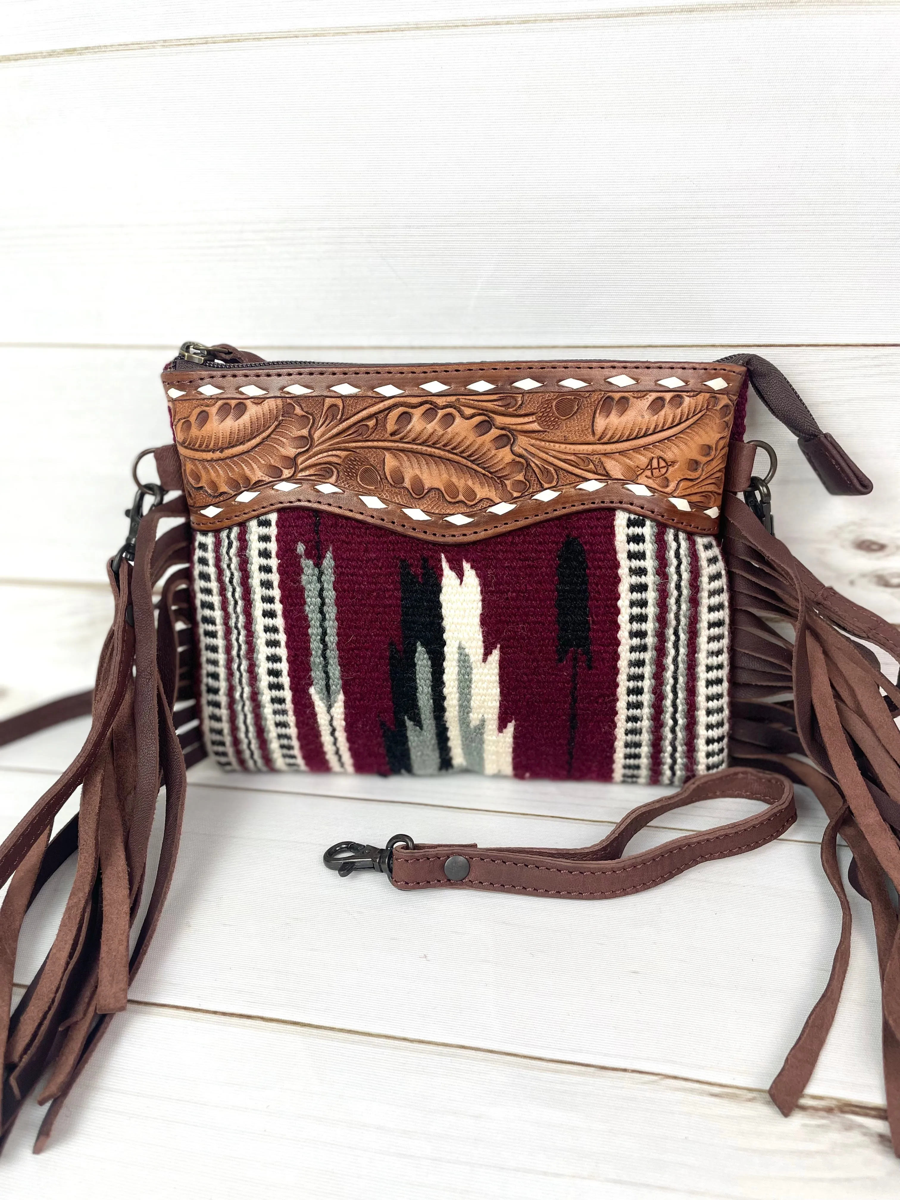 Burgundy and Grey Wool Pattern Fringe Bag