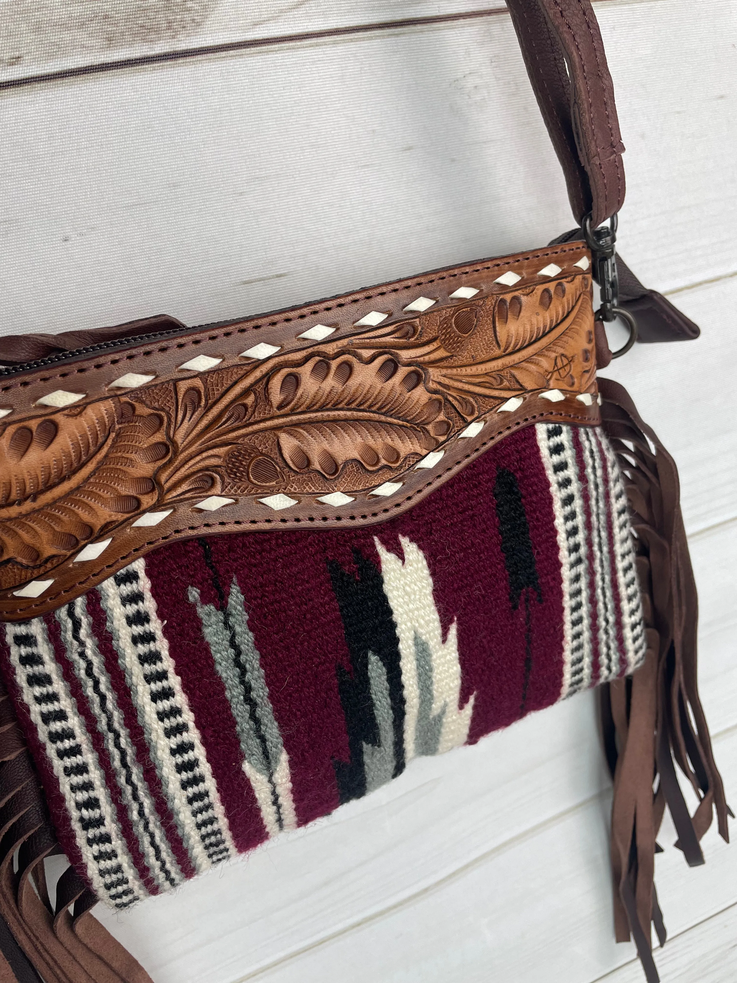 Burgundy and Grey Wool Pattern Fringe Bag