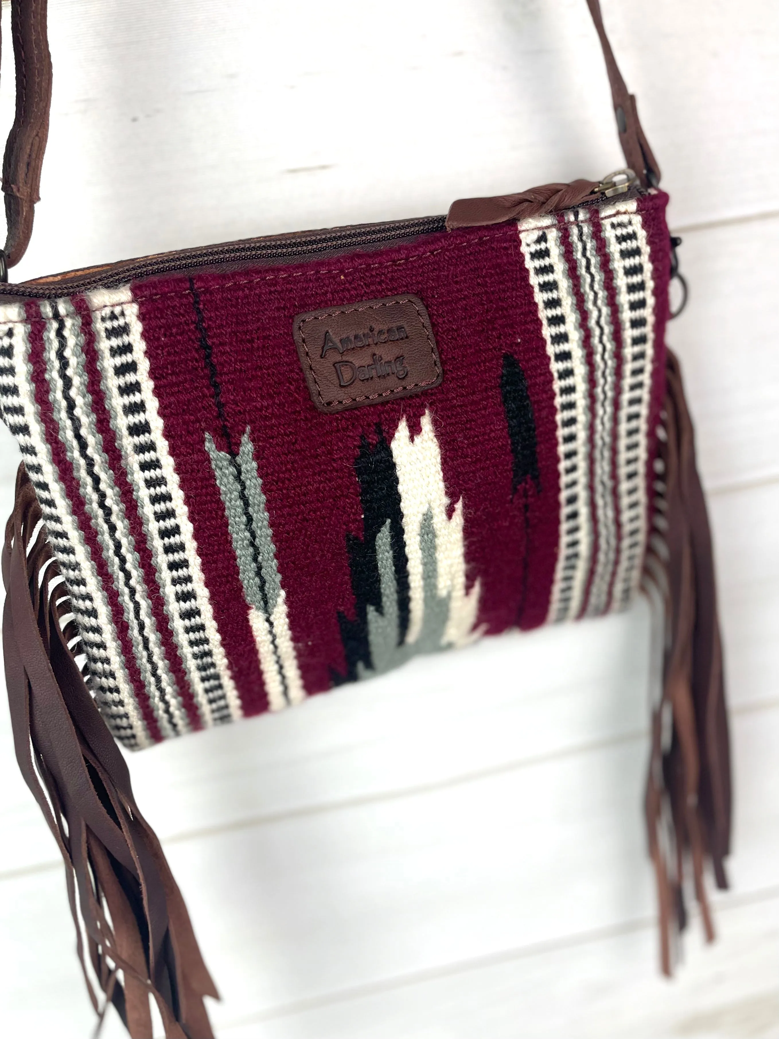 Burgundy and Grey Wool Pattern Fringe Bag