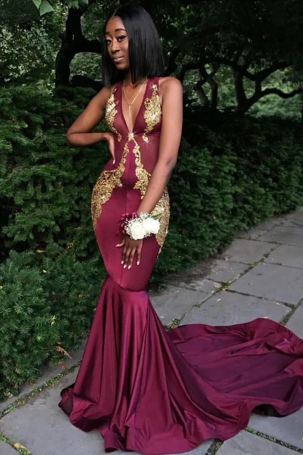 Burgundy V-Neck Prom Dress, Mermaid Evening Dress
