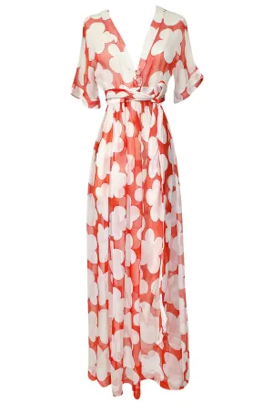 c. 1978 Yves Saint Laurent Large Floral Print Coral Plunge Silk Chiffon Dress