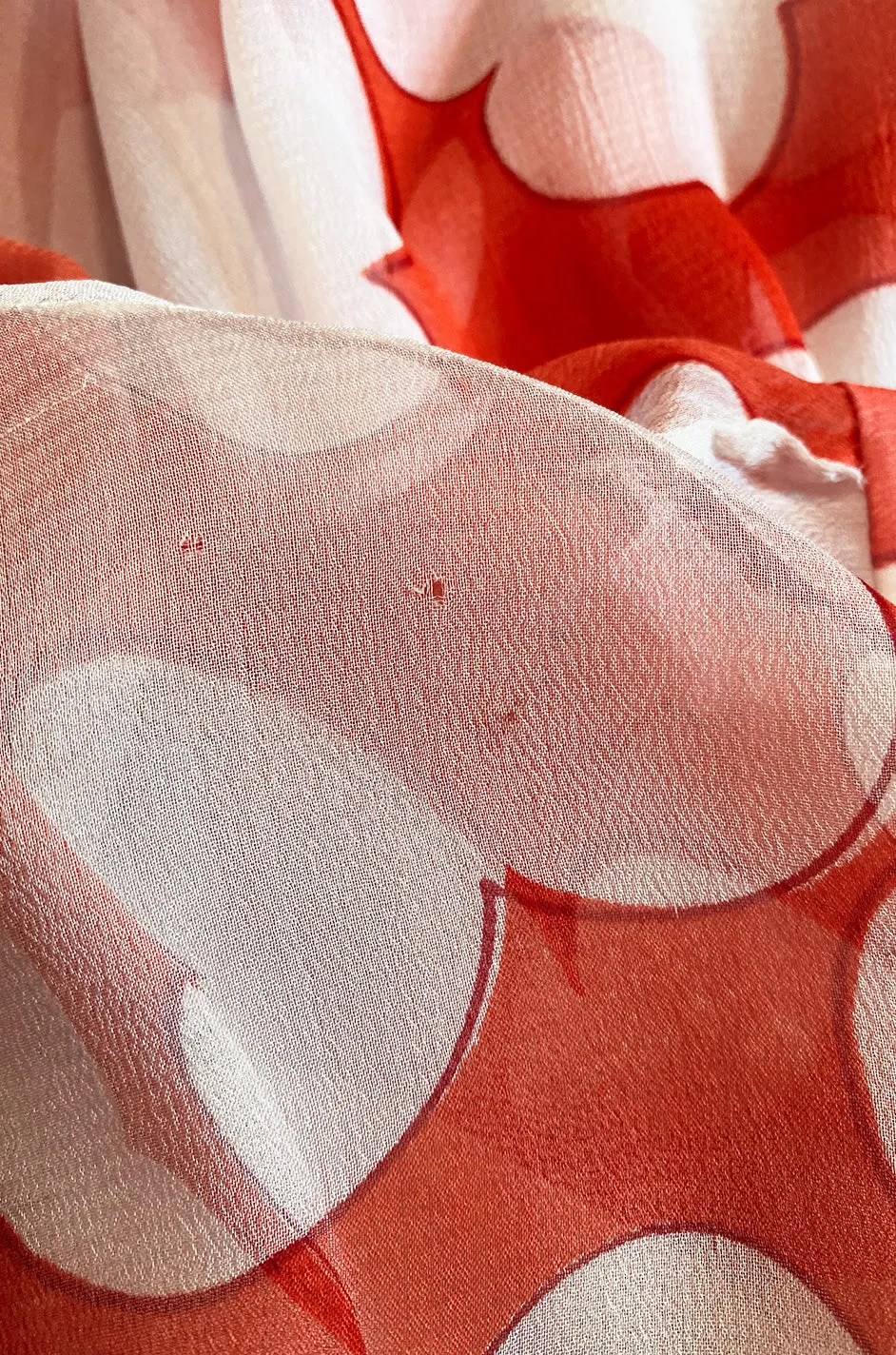 c. 1978 Yves Saint Laurent Large Floral Print Coral Plunge Silk Chiffon Dress