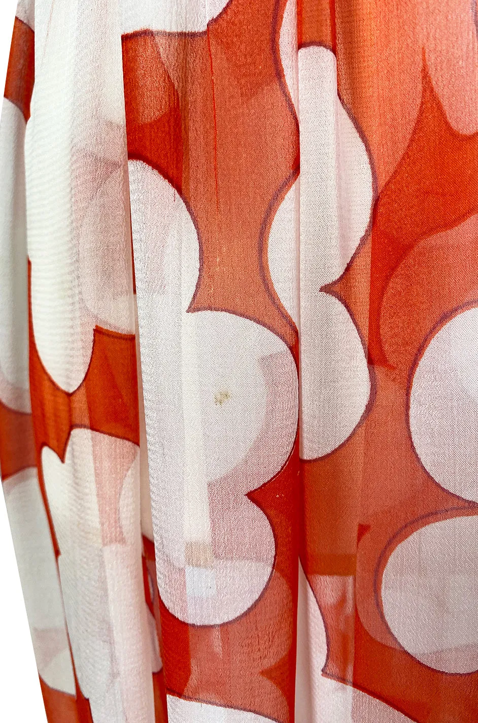 c. 1978 Yves Saint Laurent Large Floral Print Coral Plunge Silk Chiffon Dress