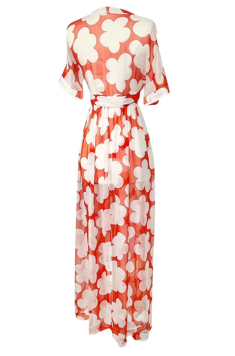 c. 1978 Yves Saint Laurent Large Floral Print Coral Plunge Silk Chiffon Dress