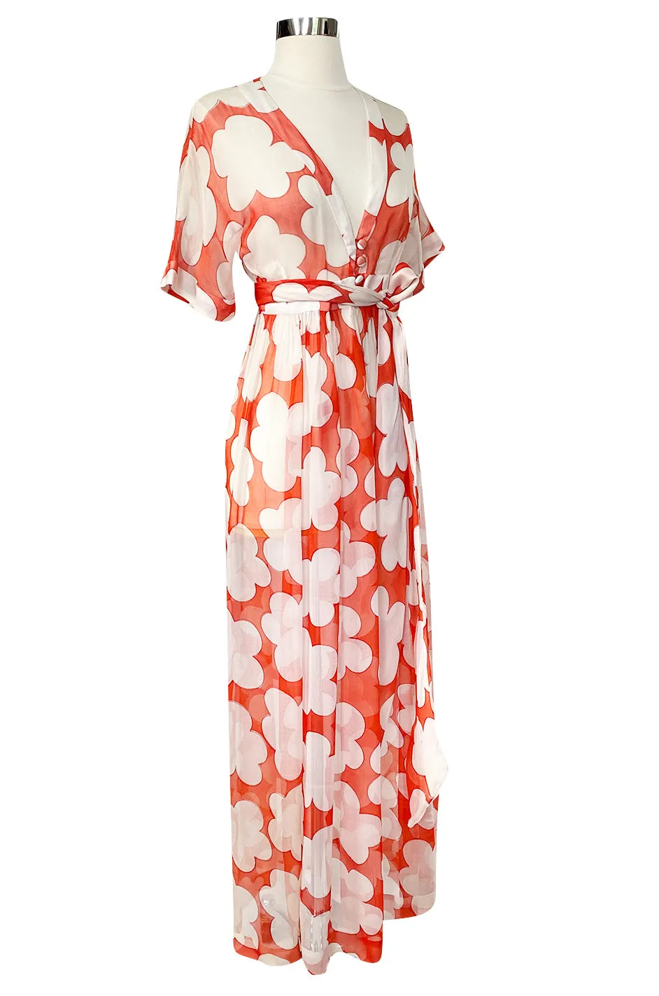 c. 1978 Yves Saint Laurent Large Floral Print Coral Plunge Silk Chiffon Dress