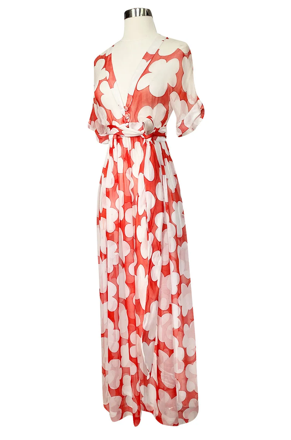 c. 1978 Yves Saint Laurent Large Floral Print Coral Plunge Silk Chiffon Dress