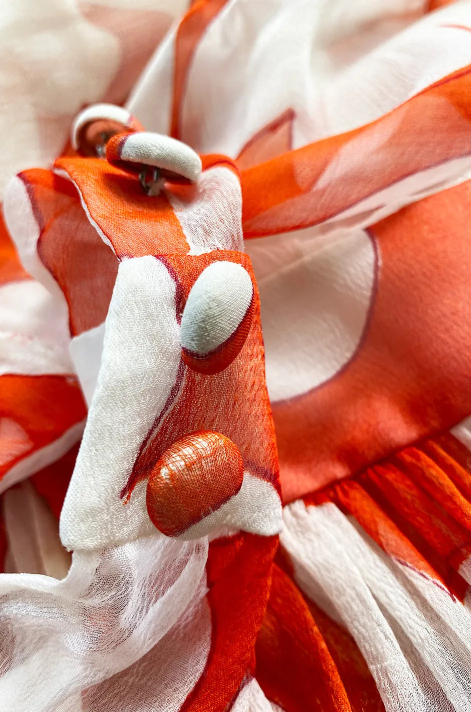 c. 1978 Yves Saint Laurent Large Floral Print Coral Plunge Silk Chiffon Dress