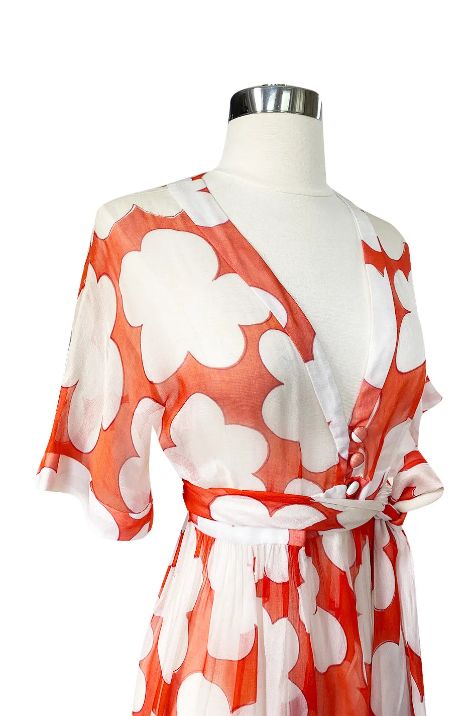 c. 1978 Yves Saint Laurent Large Floral Print Coral Plunge Silk Chiffon Dress