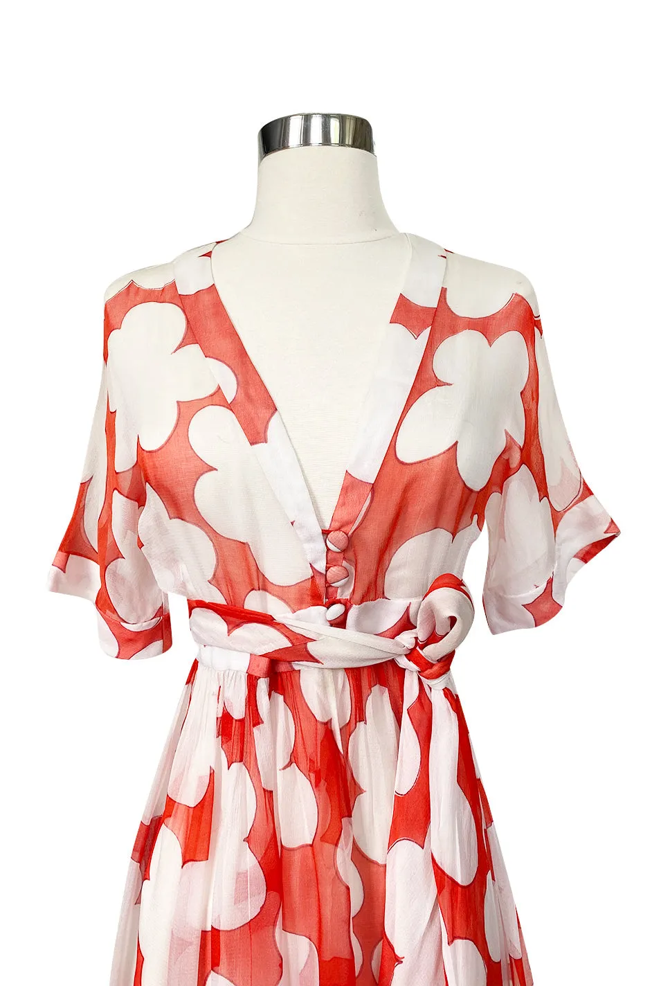 c. 1978 Yves Saint Laurent Large Floral Print Coral Plunge Silk Chiffon Dress