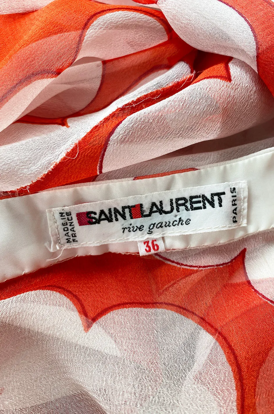 c. 1978 Yves Saint Laurent Large Floral Print Coral Plunge Silk Chiffon Dress